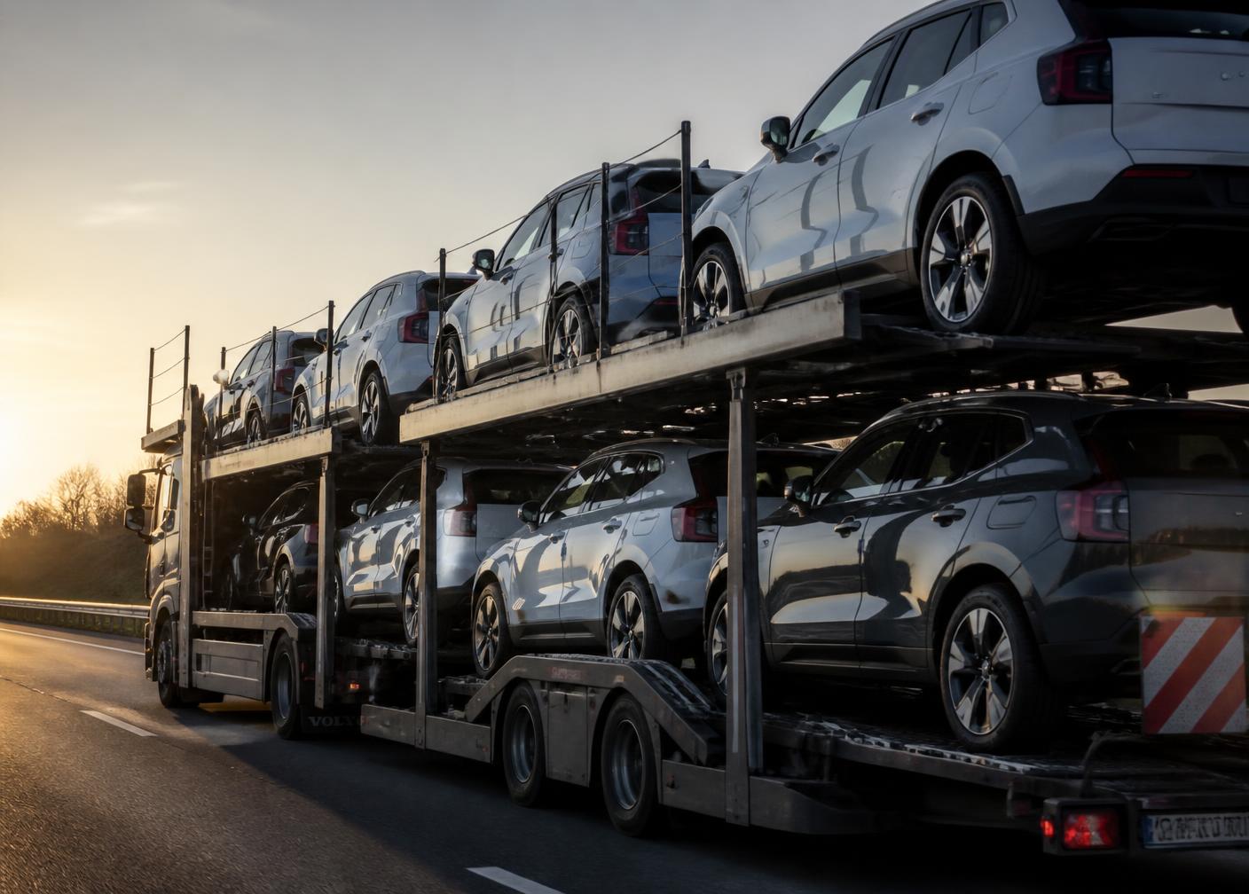 Fahrzeuge werden auf einem Autotransporter nach Europa transportiert